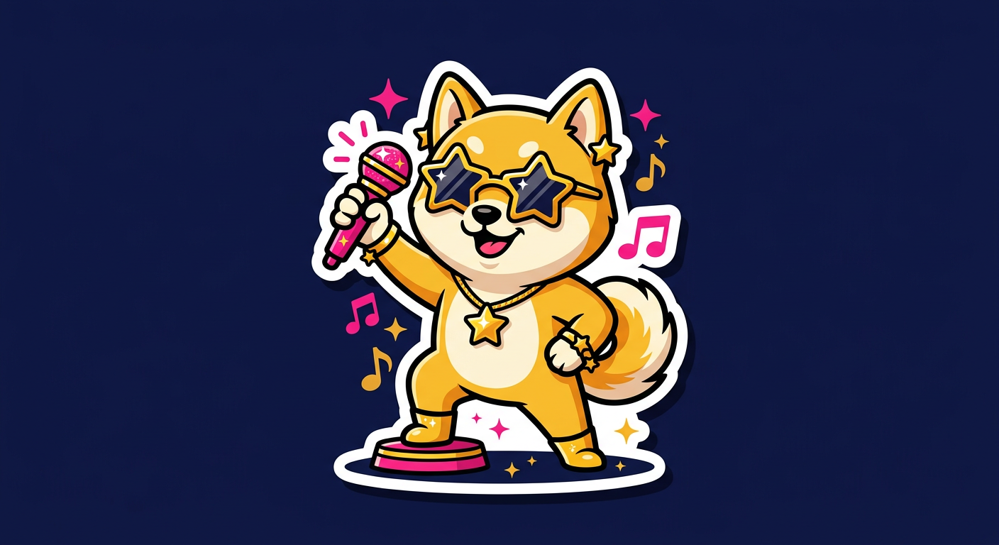 PupStar mascot: a shiba puppy in star-shaped sunglasses holding a microphone